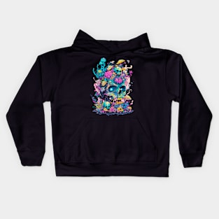 Neon occult Halloween, day of the dead, skull design. Kids Hoodie